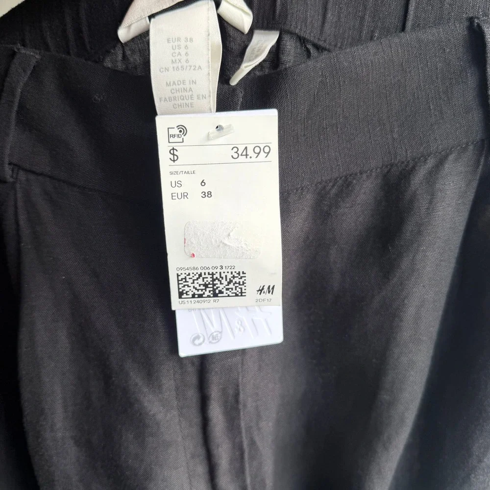 H&M Black Wide Leg Linen Blend Trousers High Waist Elastic Back Pants Size 6 NWT